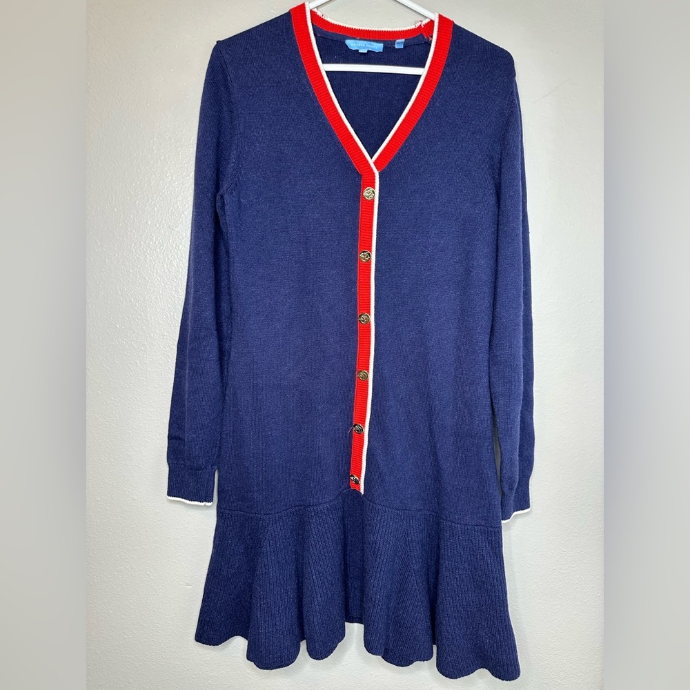 Draper James Nassau Navy Mini Sweater Dress Nautical Academia Pleated Size L